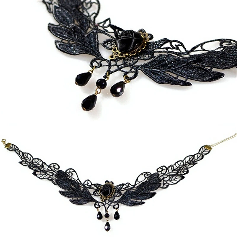 1 pcs gothic vintage hot sale women black rose teardrop pendant sexy lace necklace lolita collar necklace brand newly free global shipping