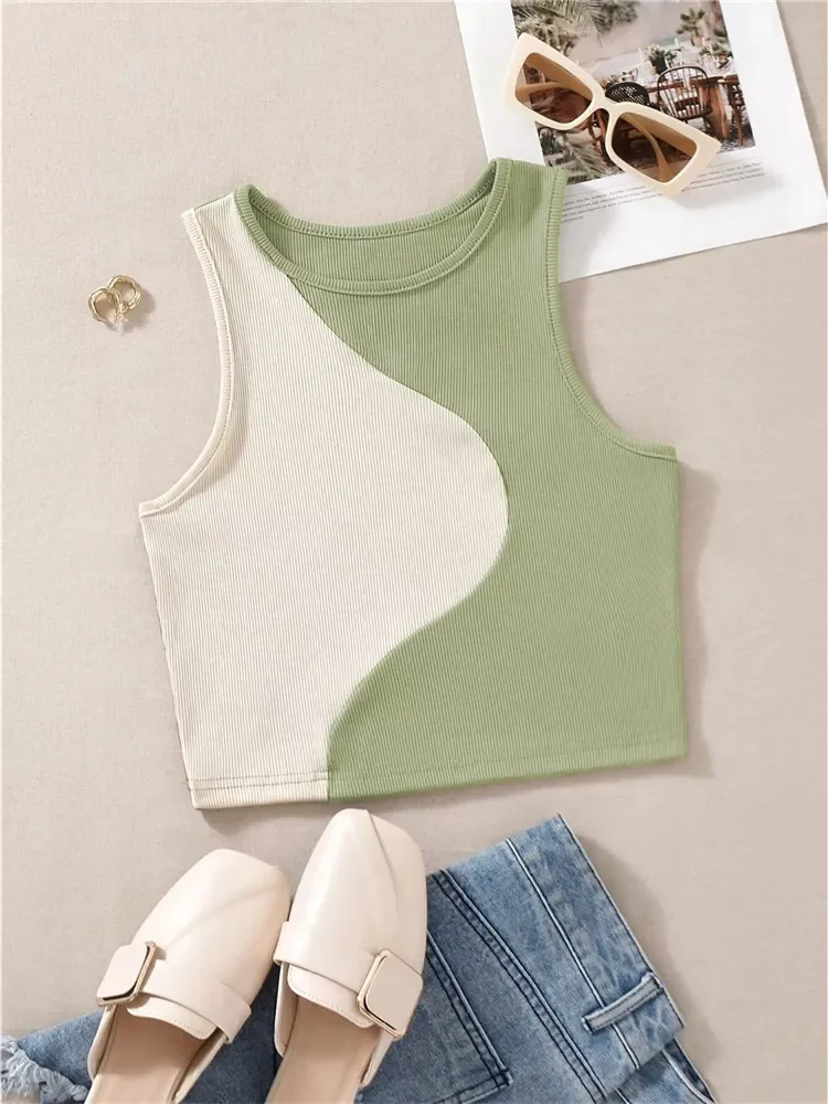 

Women's Cute Preppy Style Patchwork Tank Top Summer Crewneck Sleeveless Bodycon Crop Tops Y2K Clothes Streetwear Baby Tee Ve