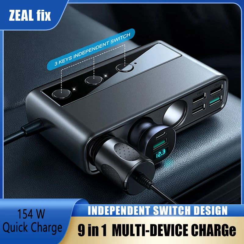 

ZEAL FIX 154 Вт разветвитель розетки 9 в 1 адаптер для автомобильного зарядного устройства PD 3 гнезда прикуривателя независимые переключатели выхода сигареты постоянного тока