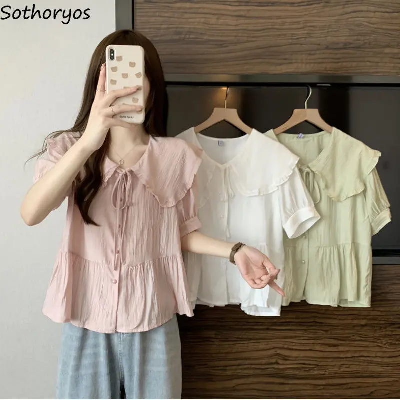 

Shirts Women Lovely Japanese Style Trendy Peter Pan Collar Design Summer All-match Simple Lace-up Casual Schoolgirls Daily Ins