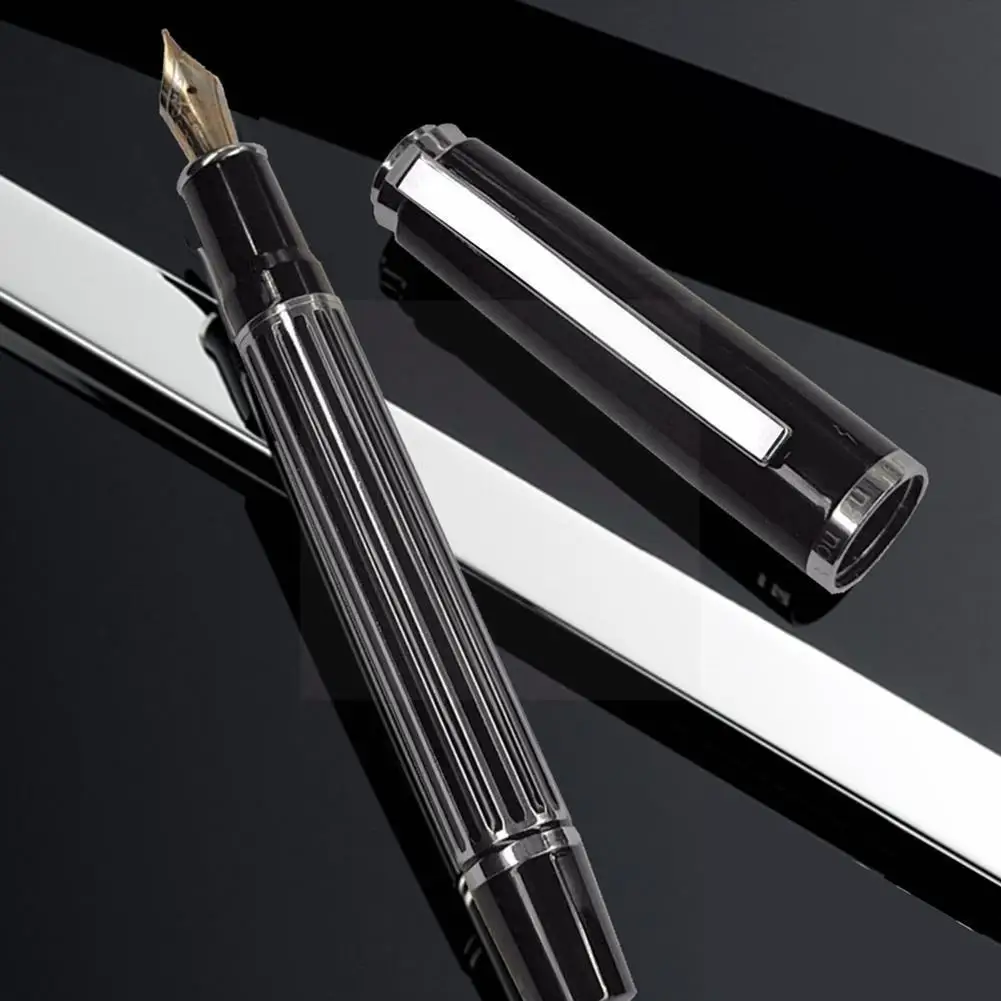 

Fountain Pen Black Stripe Lacquer Barrel Silver Trim Office Nib Steel For Writing Ink 0.5mm Signature Metal Pen School Offi S2I7