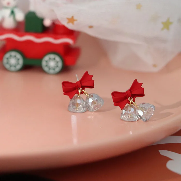

2021 new Christmas Girl sweetheart new year crystal bell happy New Year lovely red bow silver needle earrings earrings earrings