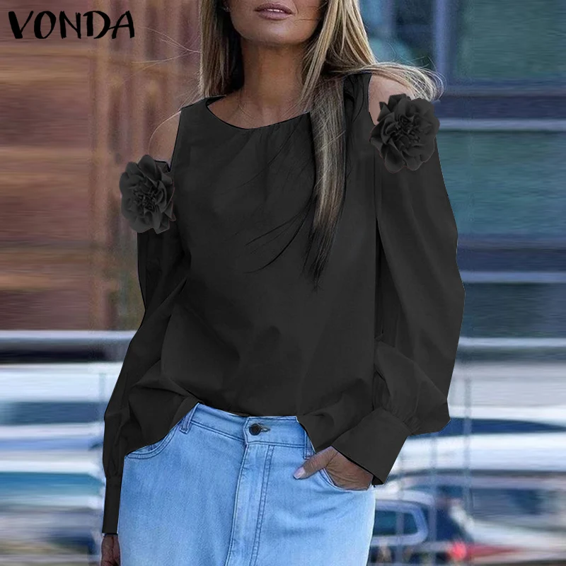 Фото Женские блузки VONDA больших размеров 5XL, топы с открытыми плечами, повседневные однотонные блузы, туники с длинным рукавом и круглым вырезом, с цветочным принтом, рубашки оверсайз №2