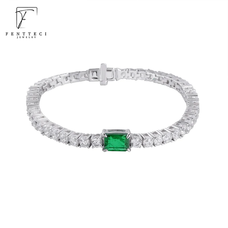 FENTTECI Newest Sterling Silver Emerald Bracelet Light Luxury Simulation Diamond Emerald Square Diamond Bracelet