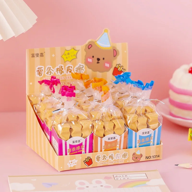 4/6Pcs/bag Kawaii Food Eraser Stationery Toast Bread Fries Rubber Pencil Prizes for Kids Cute School Supplies