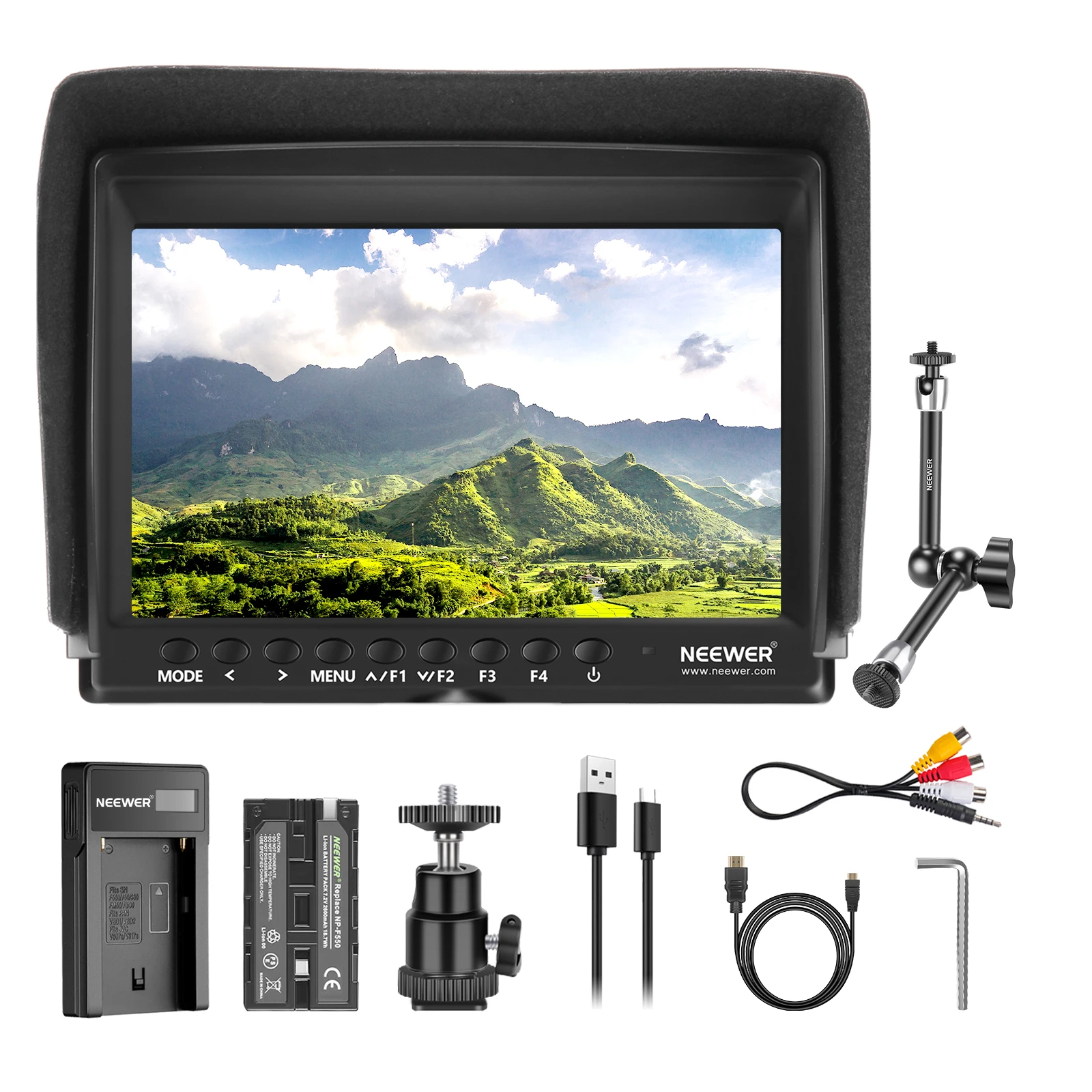 

Neewer F100 7-inch 1280x800 IPS Screen Camera Field Monitor Kit: Support 4k input with 2600mAh Rechargeable Li-ion Battery