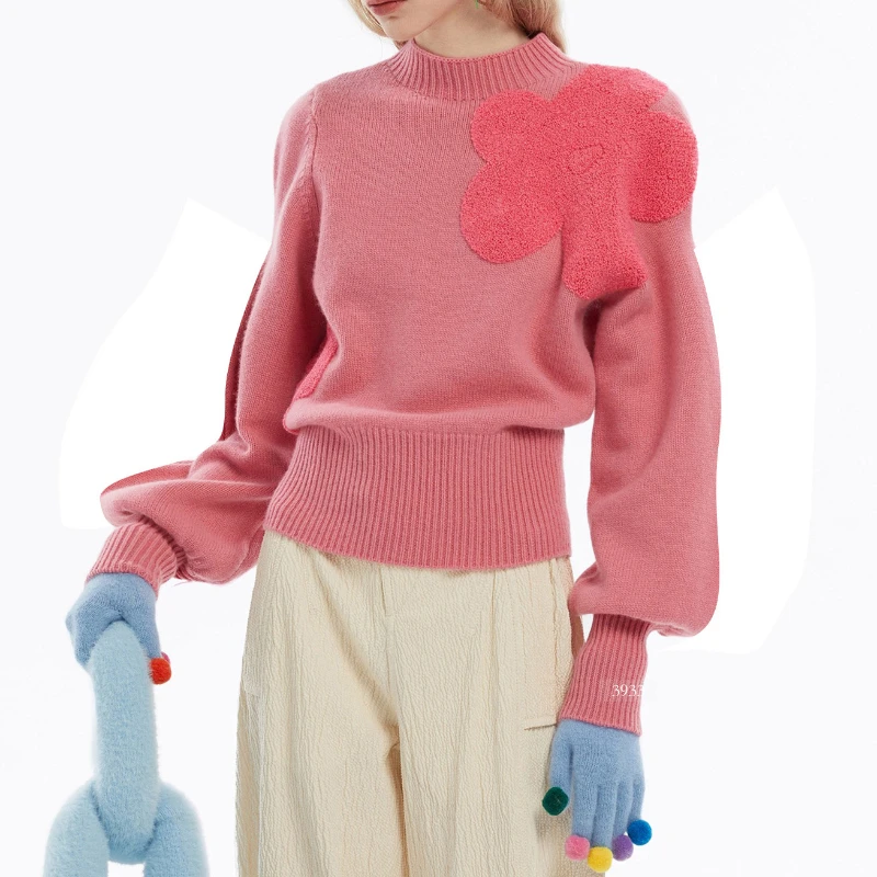 

Ladies Embroidery Flower O-Neck Pullover Knitwear Long Sleeve 2022 Winter New Women's Sweet Loose Knitted Sweater 3 Colors
