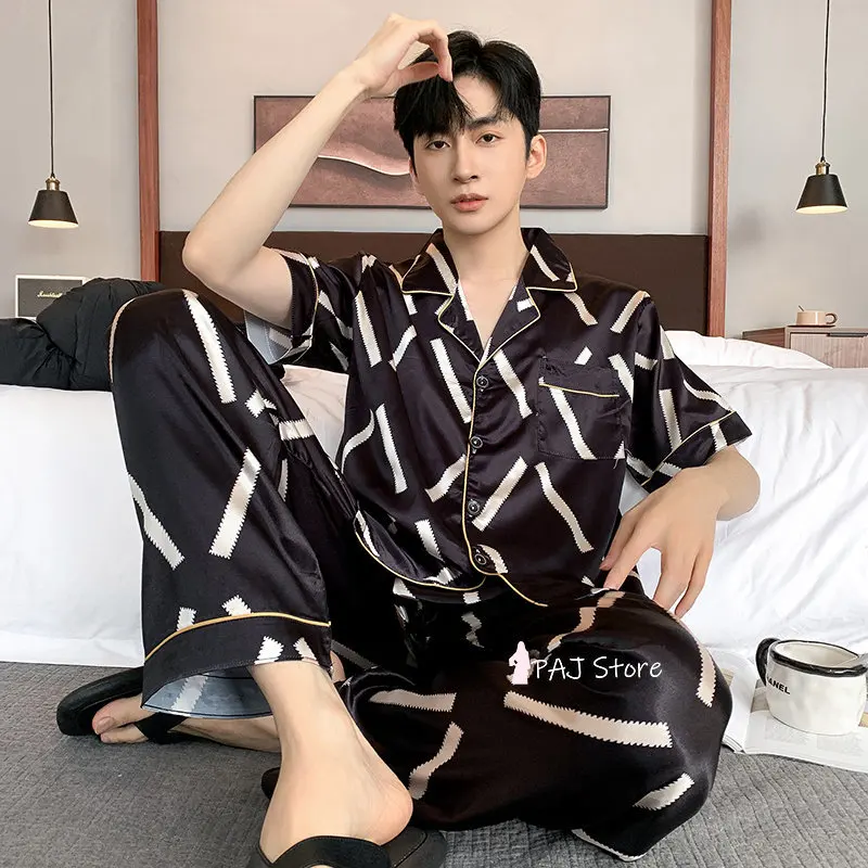 Men Sleepwear Silk Satin Pijama Set Pajama Sets Short Sleeve Sleep Home Clothes Man 2 Pieces Sets Home Suits Pyjamas L-5XL