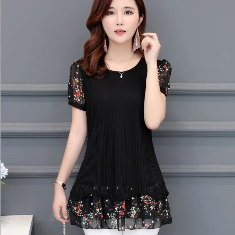 

Женская Свободная блузка среднего возраста, Повседневная Эластичная рубашка с коротким рукавом и круглым вырезом, размеры до 4xl, Новинка лета 2023