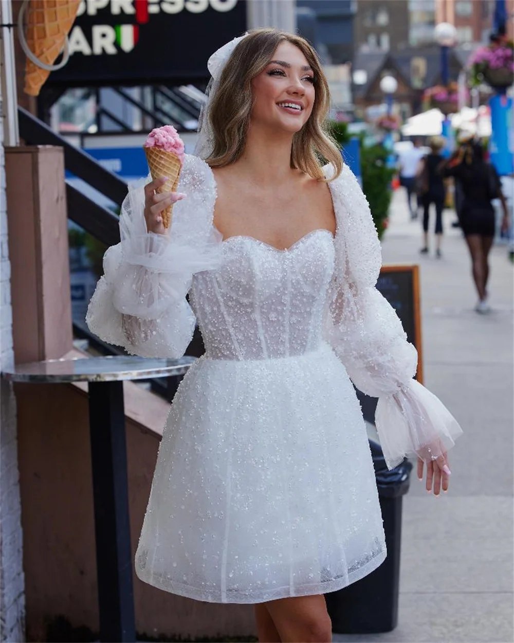 Detacable Full Pff Sleeves Shiny Sequined Sweetheart Short Wedding Dresses Custom Made Bridal Grown 2025 Vestido De Noival