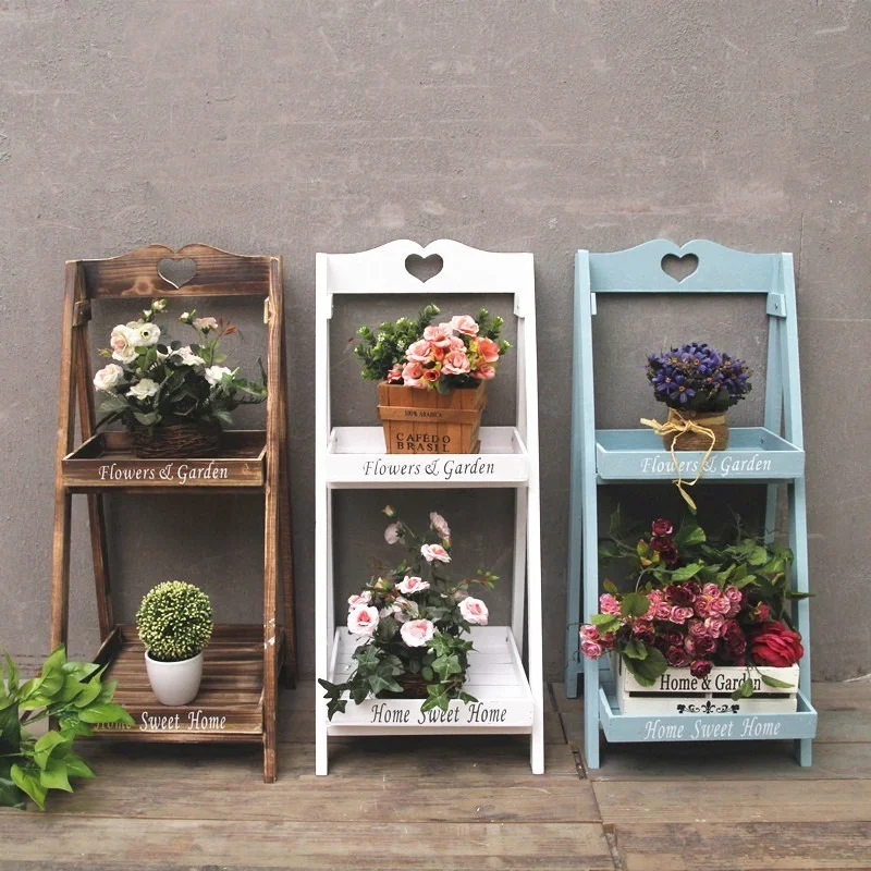 

American Retro Multi-layer Solid Wood Flower Stand Rural Ladder Balcony Flower Shelf Plant Rack Two-story Succulent Rack Rack