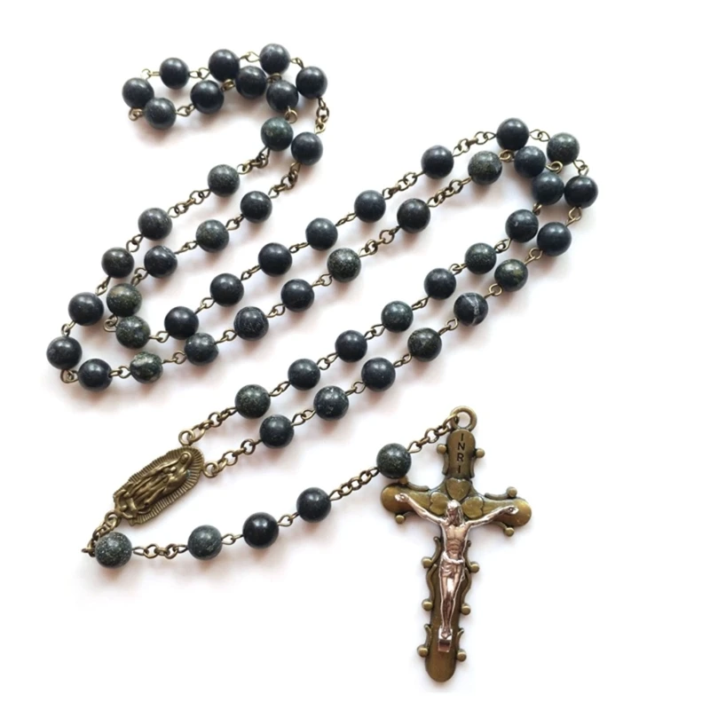 

Catholic Rosary Necklace Vintage Natural Green Bead Crucifix Pendant Chain