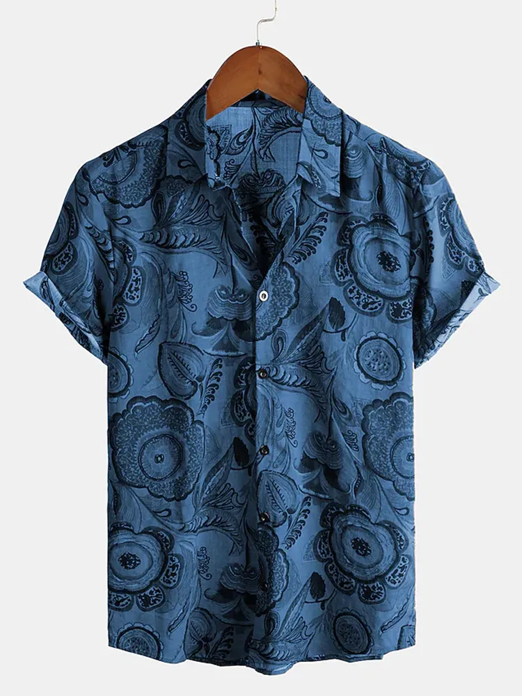 2022 Summer Man Single Breasted Men's Cotton  Linen Shirt Men Ethnic Printed Stand Collar Short Sleeve Hawaiian Casual Shirt