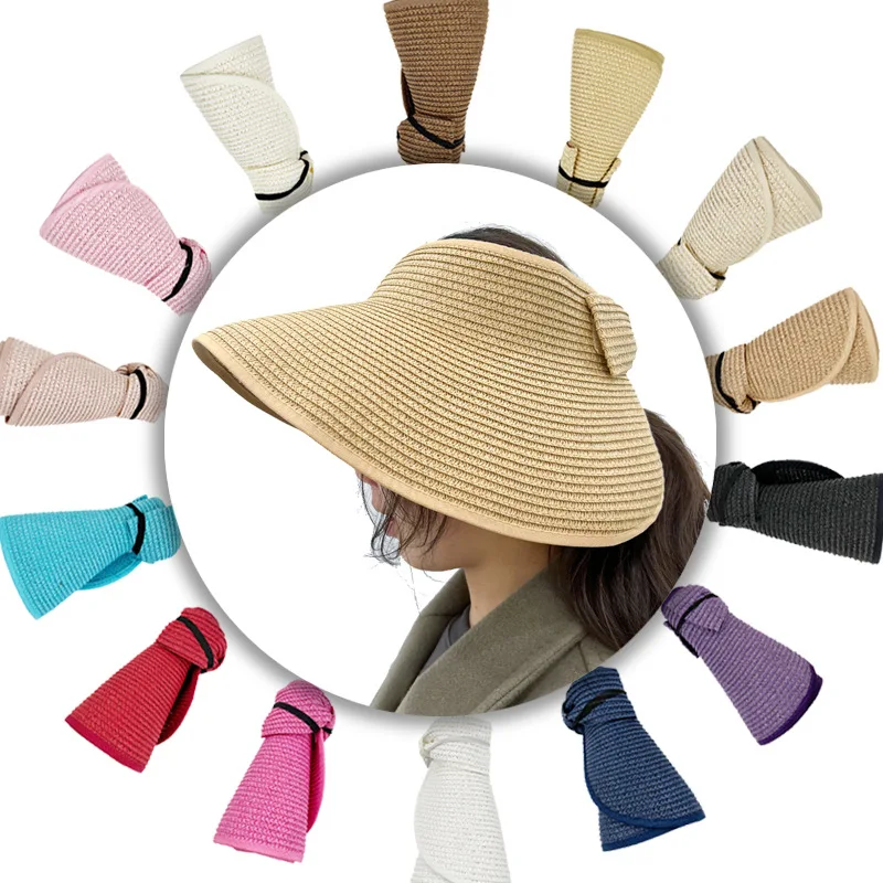 

Summer Visors Hat Foldable Sun Hats Wide Large Brim Beach Hat Straw Cap Chapeau Femme Beach UV Protection Empty Top Women Caps