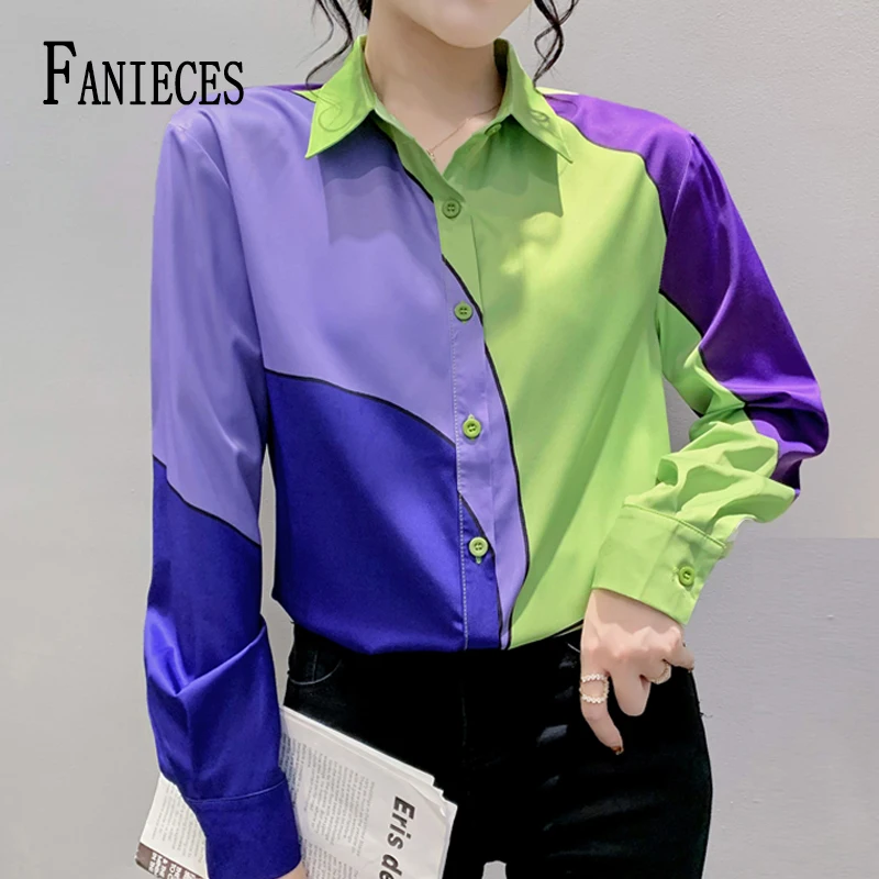 

FANIECES Chic Patchwork Colorblock Women's Shirt Autumn Long Sleeve Lapel Blouses Casual Tops Streetwear قمصان وبلوزات blusas