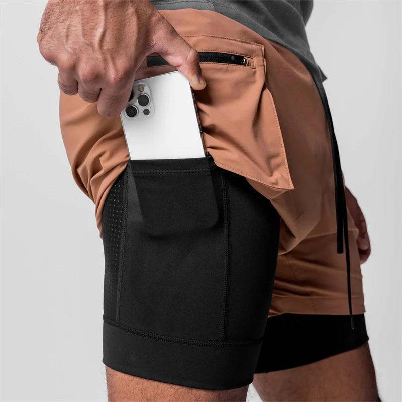 

High Quality Mens Breathable Double Layer Sports Shorts Zip Pocket Gym Tight Exercise Bottom Quick Dry Running Shorts Men Summer