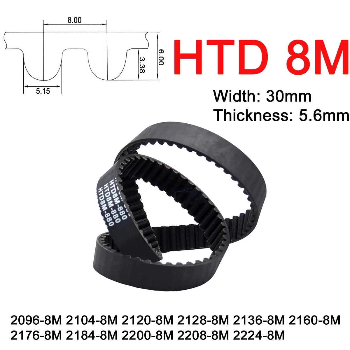 

1Pc Width 30mm 8M Rubber Arc Tooth Timing Belt Pitch Length 2096 2104 2120 2128 2136 2160 2176 2184 2200 2208 2224mm Drive Belts