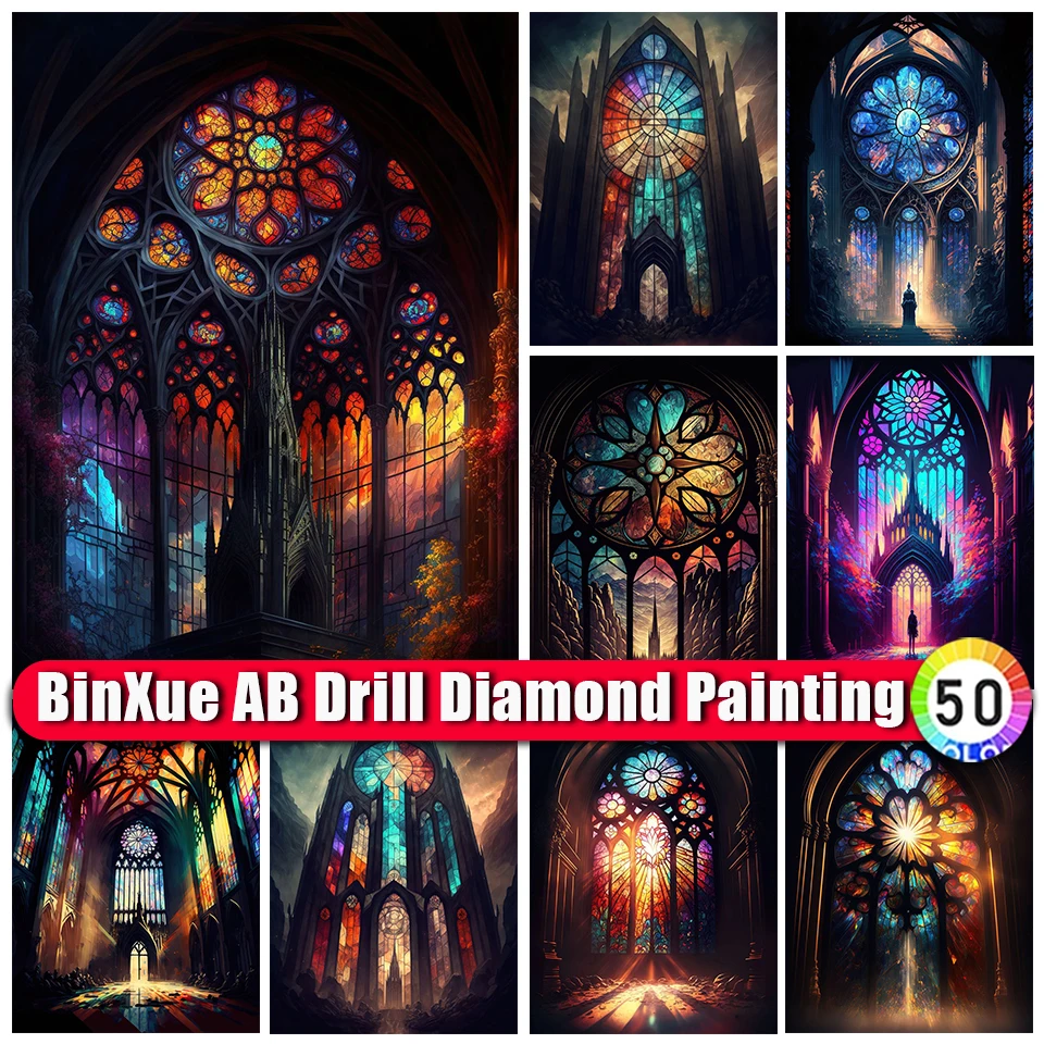 

BinXue Scenery Fantasy Stained Glass Church Mural AB Diamond Painting Castle Cross Stitch Flower Handmade DIY Mosaic Art Gift