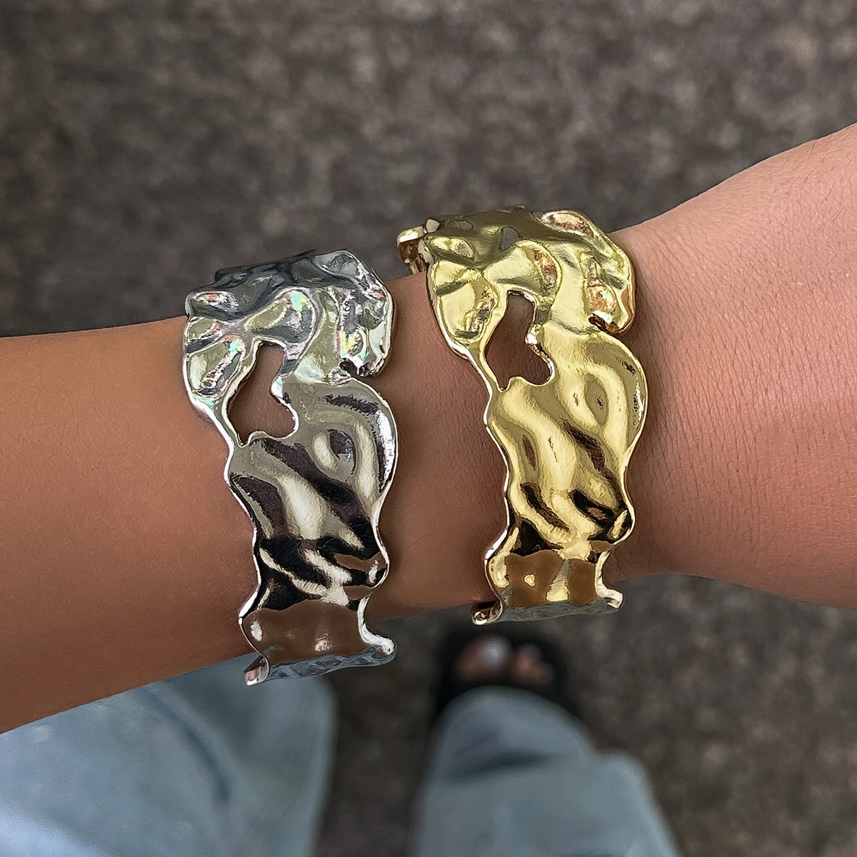 

KunJoe Vintage Irregular Geometric Concave Bangle Bracelet for Women Men Silver Color Wide Bracelet Trend Party Jewelry Gift