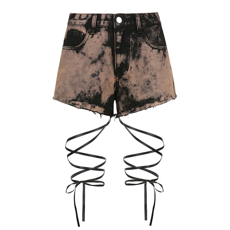 Tie Dye Print Y2k Fashion Jeans Shorts For Women Summer Streetwear Lace Up Bandage Denim Shorts Gothic Punk Style Jean Bottoms