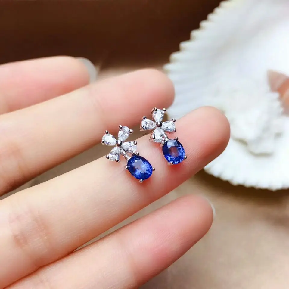 

[MeiBaPJ]Luxury Sri Lanka Sapphire Gemstone fLOWER Drop Earrings Real 925 Silver Fashion Earrings Fine Charm Jewelry for Women