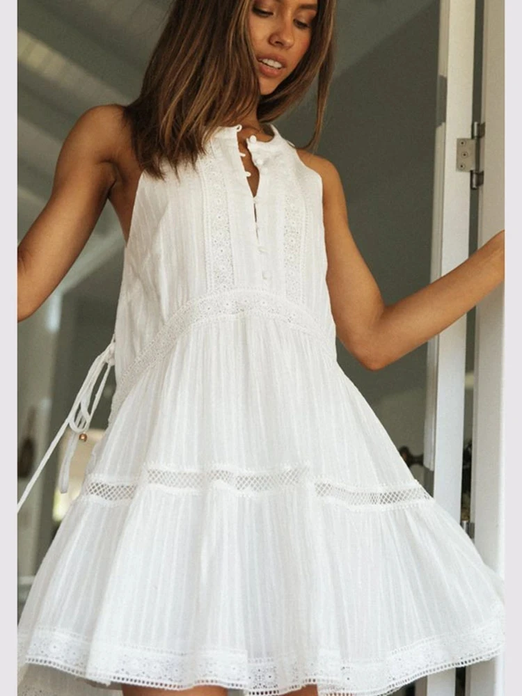 

Summer Dress For Women Fashion Sexy Lace Patchwork Sleeveless Casual Loose O-Neck White Holiday Beach Mini Dresses Robe Femme
