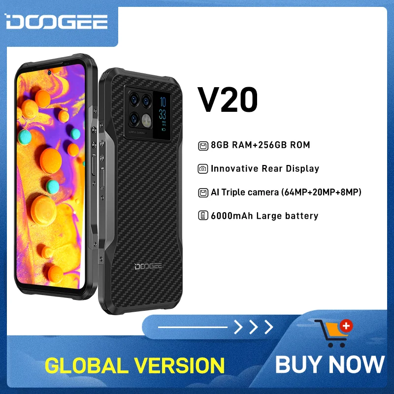 DOOGEE V20 SmartPhone Dual 5G Rugged Phone 6.43" FHD AMOLED Display 8 + 256GB 1.05" Rear Display 64MP 6000mAh