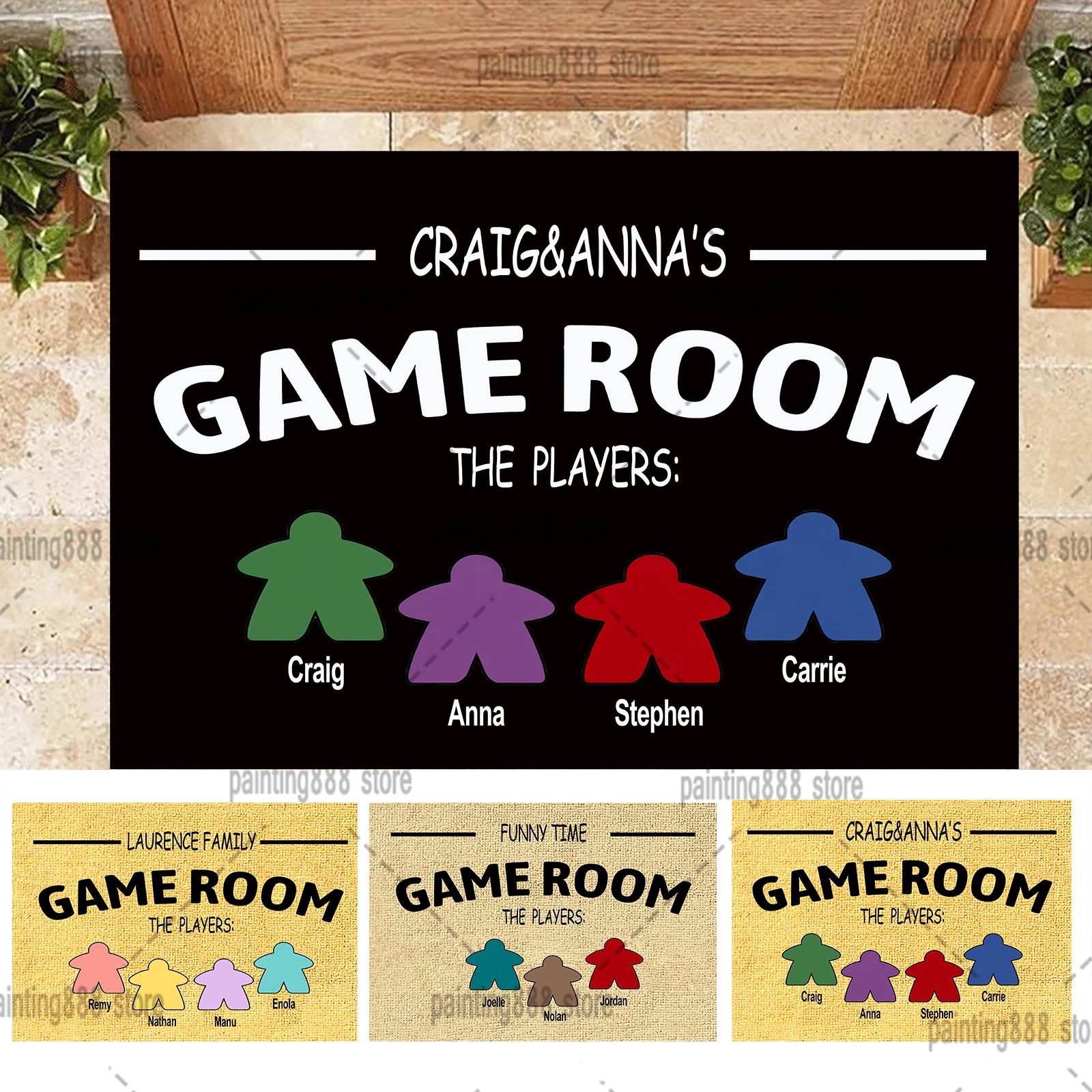 

Custom Family Names Doormat Personalized Family Game Room Meeples Game Geek Carpet Gift Home Living Room Décor Family Gifts