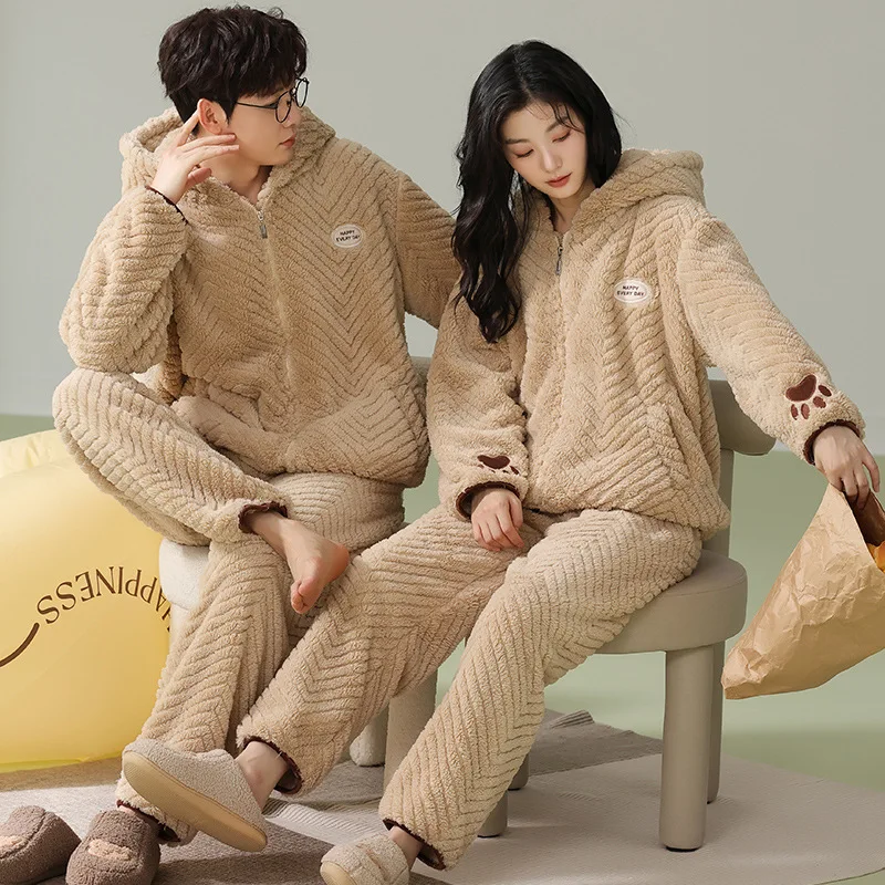 Парные пижамы зимняя фланелевая одежда для сна теплые с длинным рукавом из