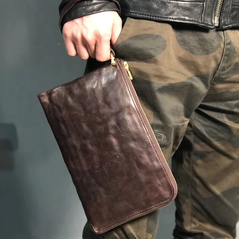 

EUMOAN New men's handbag original hand-painted wrinkled top layer cowhide clutch retro old fashioned clip bag