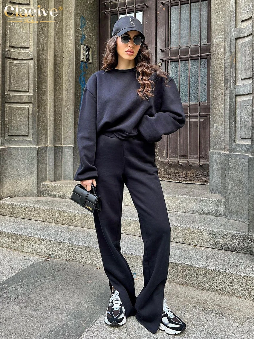 

Clacive Winter Loose Black Two Piece Sets Womens Outifits Fashion O-Neck Long Sleeve Sweatshirts With High Waist Slit Pants Set