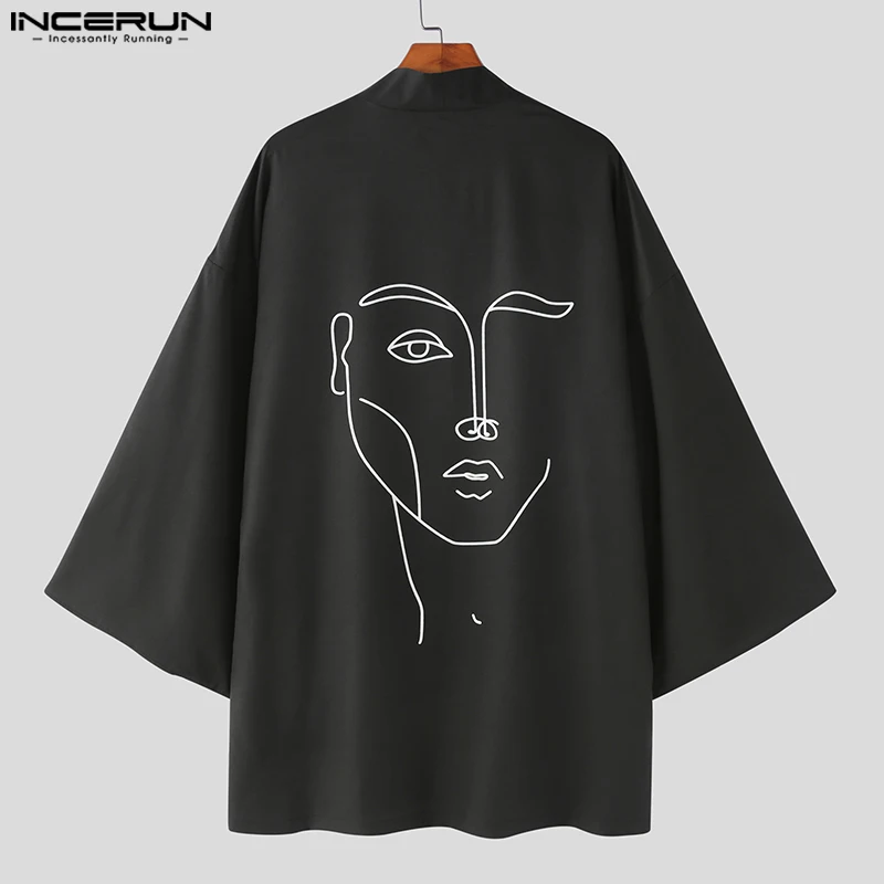 Casual Party Shows Hot Sale Tops INCERUN Men's Abstract Face Graffiti Print Blouse Male Loose Long Sleeve Cardigan Shirts S-5XL