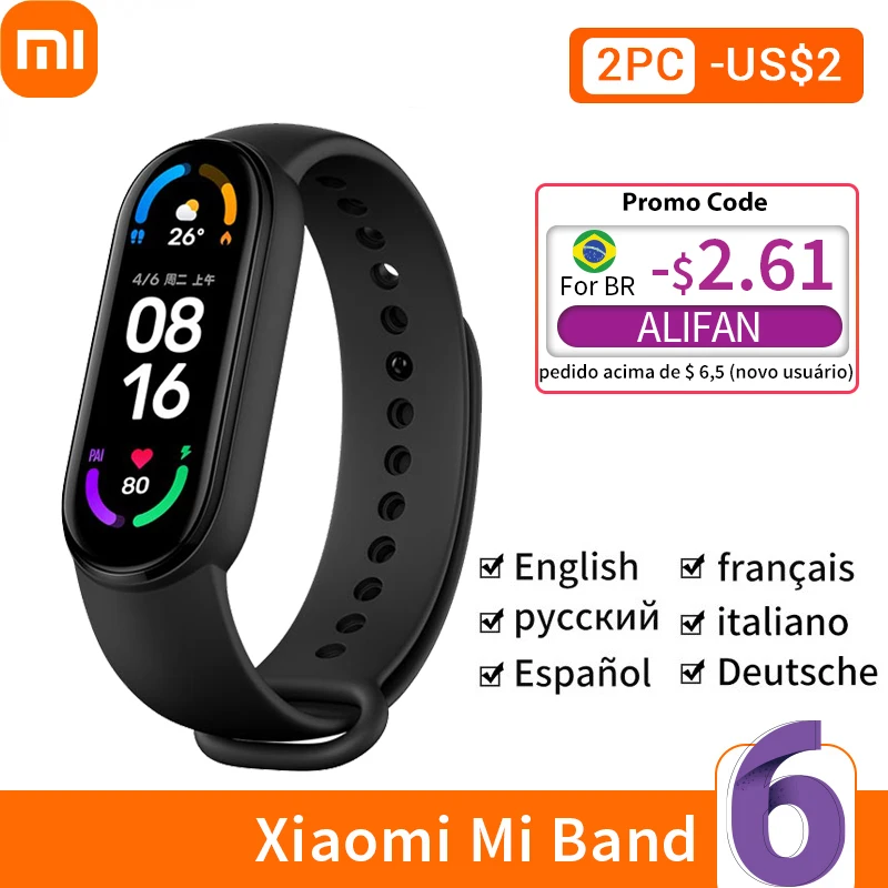 

Смарт-браслет Xiaomi Mi Band 6, фитнес-трекер с AMOLED экраном 5 цветов, с датчиком насыщения кислородом в крови, с Bluetooth, Лучший водонепроницаемый смар...
