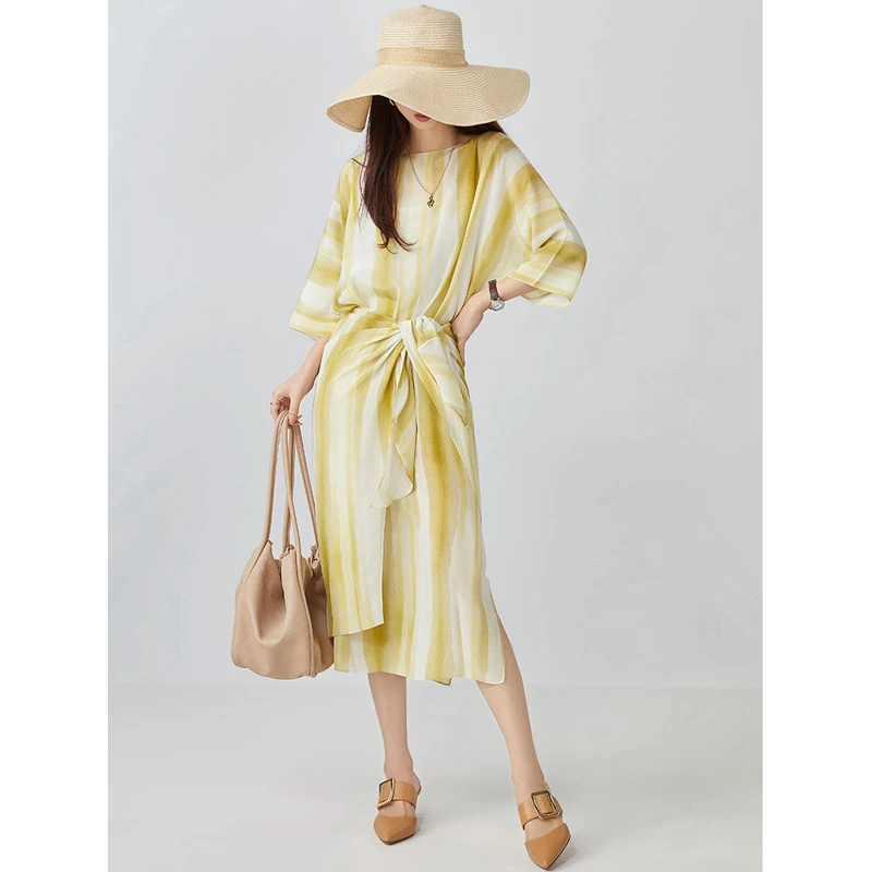 

Dress Women 100% Silk Printrd Slash Neck Batwing Sleeves Irregular Waist Design High Quality Dresses Ladies New Fashion