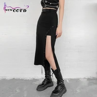wowootd y2k punk style women sexy slit side buckle front skirt clubwear goth dark gothic high waist a line black midi skirts