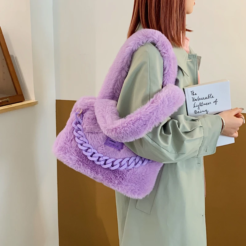 Soft Touch Shoulder Bags for Women 2023 New Trend Winter Korean Fashion Faux Fur Ladies Handbags Thick Chian Candy Color Bag