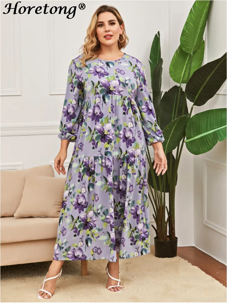 

Horetong Plus Size Maxi Dresses Femme Elegant Fashion O Neck Lantern Long Sleeve Women Robe Floral Print Casual Loose Clothing