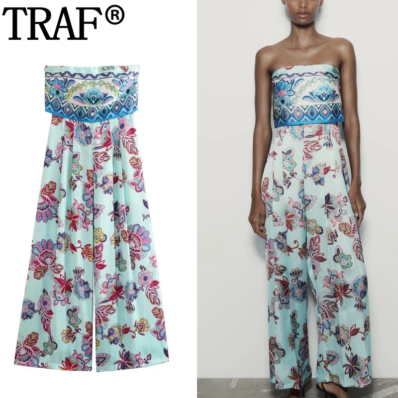 

TRAF Print Wide Leg Jumpsuit For Women Summer Off Shoulder Long Jumpsuits Woman 2023 Streetwear Strapless Backless Body Woman