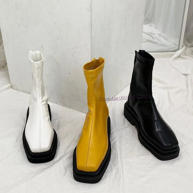 Fashion Versatile Solid Color Flat Ankle Boots Back Zipper Square Toe Multicolor Boots for Women