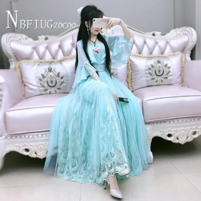 

2020 Summer Chinese Style Han Dynasty Women Dress Green Color Embroidery Flower Female Dresses