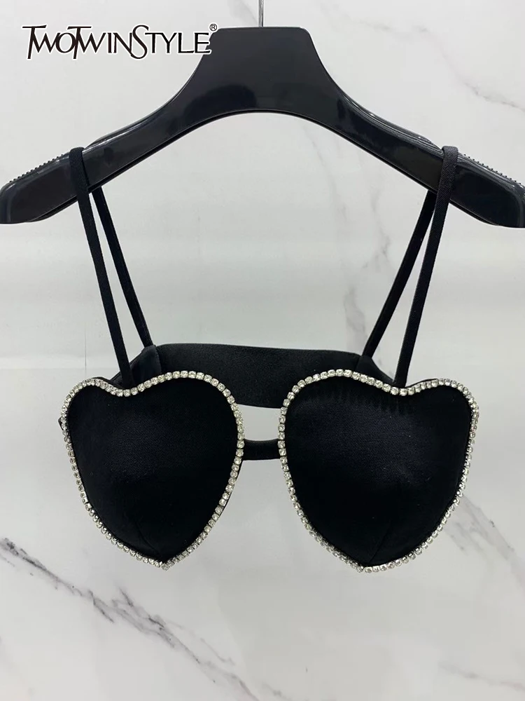 

TWOTWINSTYLE Short Length Camis For Women Square Collar Sleeveless Patchwork Diamonds Hollow Out Slim Sexy Vest Female Summer