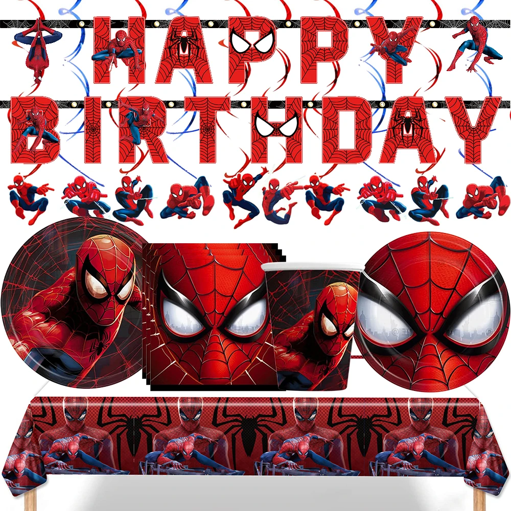 

Spiderman Party Decoration Include Paper Cup Plate Napkin Tablecloth Cake Topper for Kids Boys Birthday Supplies Baby Shower