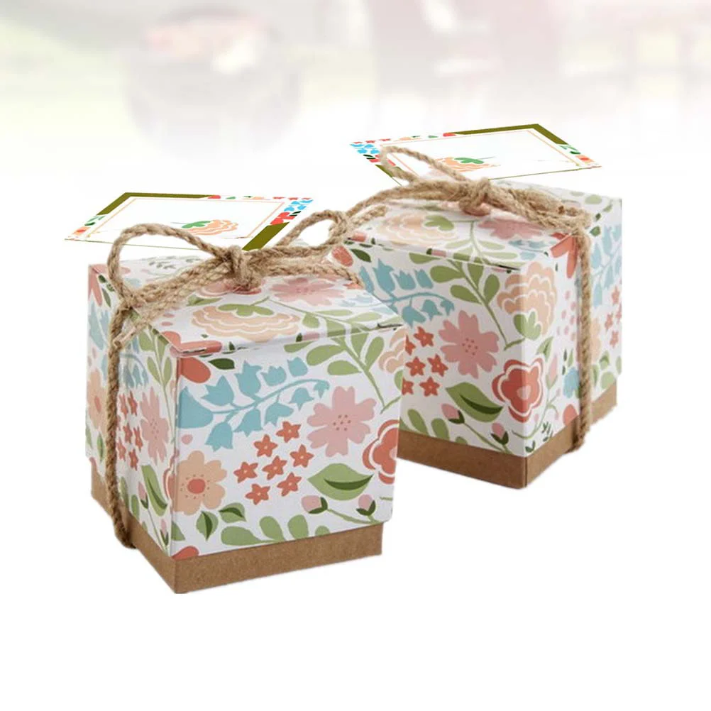 

50PCS Vintage Kraft Flower Printed Candy Box Wedding Party Favor Candy Gift Box For Birthday Candy Packaging Kraft Paper Box
