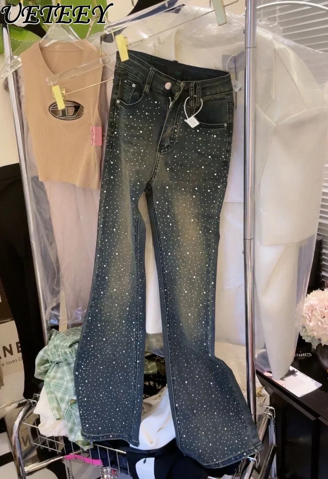 Женские джинсовые брюки с завышенной талией облегающие в стиле ретро Осенние