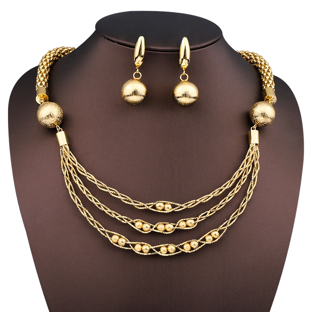 

Italian Accessories Fashion Unique Design Ball Shaped Pendant Necklace Earrings Gold Color Women's Bridal Wedding Jewelry Set