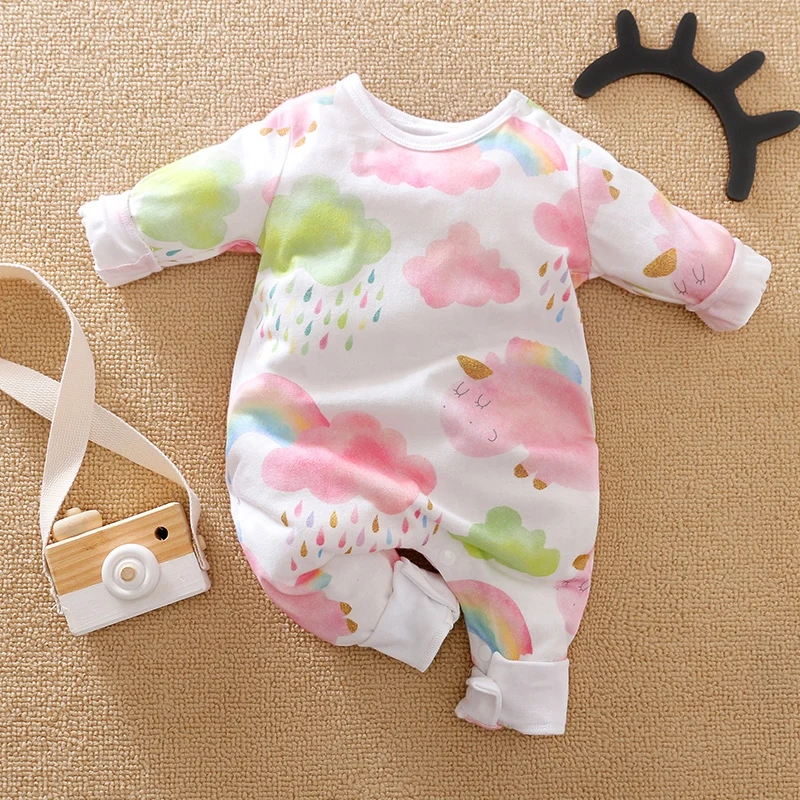 

hibobi Baby Girl Colorful Clouds Unicorn Print Long Sleeve Jumpsuit