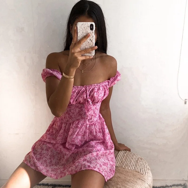 

Женское летнее платье-трапеция с открытыми плечами, розовое винтажное пляжное платье с оборками и бантом, 2023