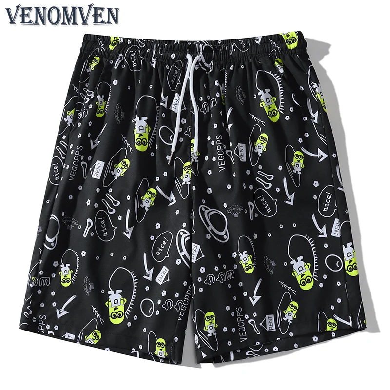 

2022 Summer Black Cartoon Anime Graphic Beach Pants Men's Oversized Retro Fashion Seaside Vacation Casual Shorts Basketball