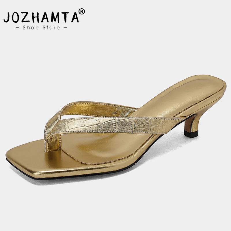 

Шлепанцы JOZHAMTA женские из натуральной кожи, сланцы, сандалии на среднем каблуке, летняя обувь, модные тапочки, размеры 34-39, 2023