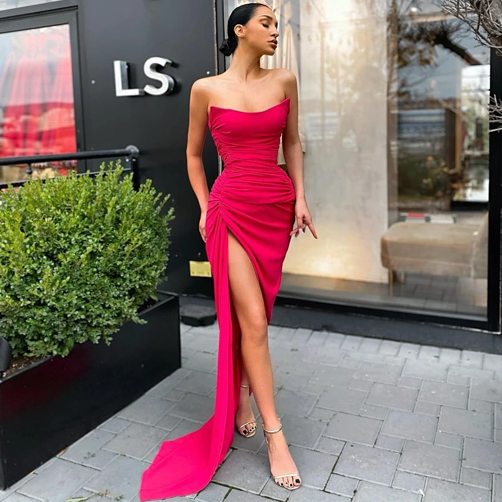 

Strapless Pleat High Slit Floor Length Evening Dresses Court Train Burgundy Women's Dress 2022 New Spring Vestidos Elegantes
